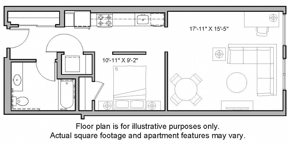Floor plan for 1 bed, 1 bath, 729 sqft